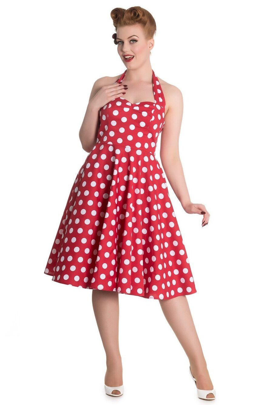 Queen of Holloway Red Polka Dot Halter Swing Dress XS Smocked Rockabilly Costume